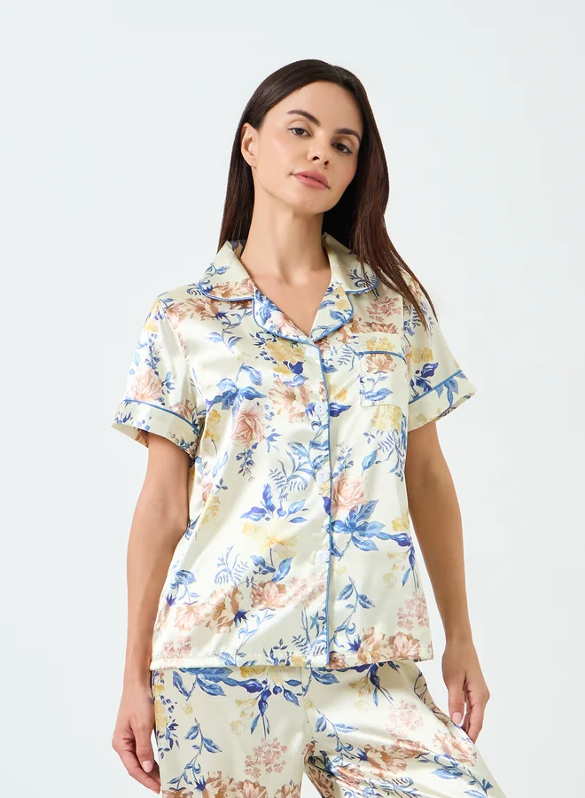 تايك تو طقم بيجامة نسائي قصير الأكمام بطبعة زهور